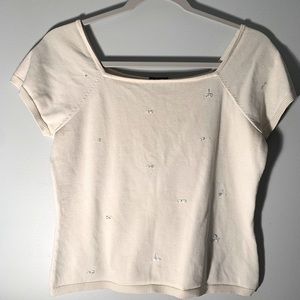 I.N.C. Short sleeve Sweater, Square Neck Cream with‎ stitched bows Size Large